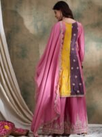 Charming Pink Embroidered Flared Top Kurta Palazzo Set with Round Neck & Regular Sleeves