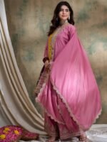 Charming Pink Embroidered Flared Top Kurta Palazzo Set with Round Neck & Regular Sleeves