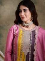 Charming Pink Embroidered Flared Top Kurta Palazzo Set with Round Neck & Regular Sleeves