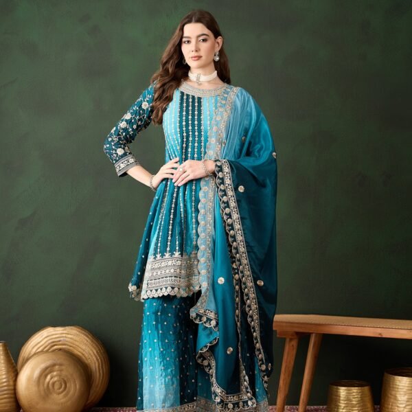 Elegant Blue Embroidered Flared Top Kurta Palazzo Set with Round Neck & Regular Sleeves