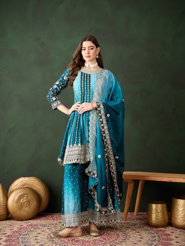 Elegant Blue Embroidered Flared Top Kurta Palazzo Set with Round Neck & Regular Sleeves