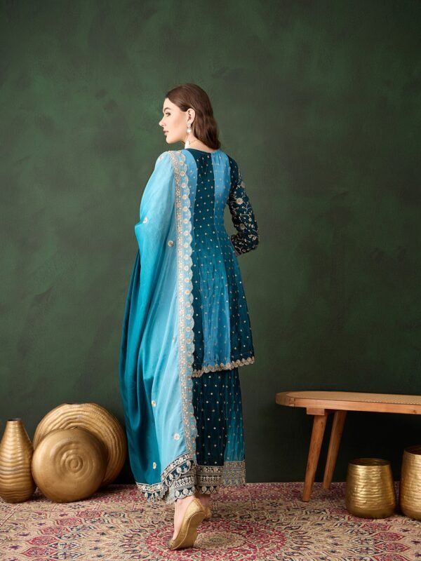 Elegant Blue Embroidered Flared Top Kurta Palazzo Set with Round Neck & Regular Sleeves