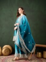 Elegant Blue Embroidered Flared Top Kurta Palazzo Set with Round Neck & Regular Sleeves