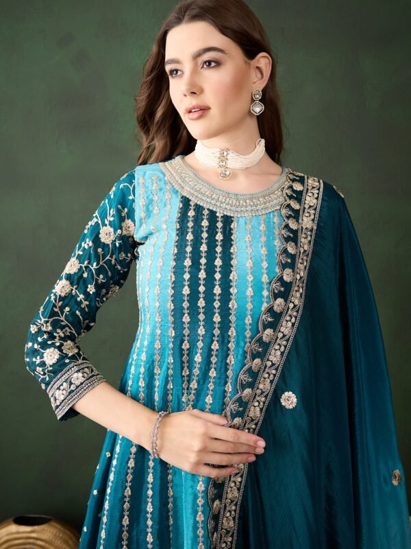 Elegant Blue Embroidered Flared Top Kurta Palazzo Set with Round Neck & Regular Sleeves
