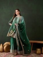 Elegant Blue Embroidered Flared Top Kurta Palazzo Set with Round Neck & Regular Sleeves