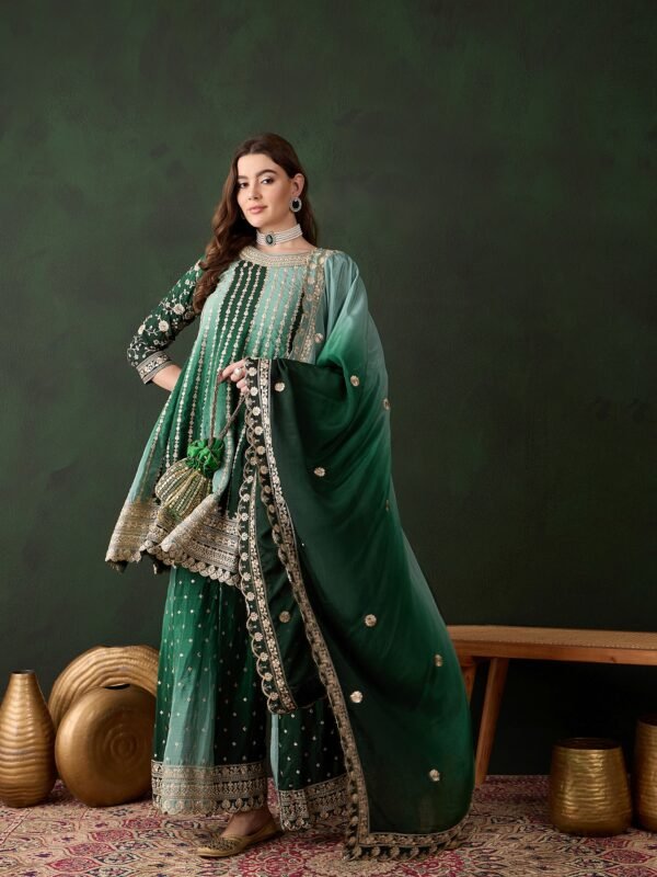 Elegant Blue Embroidered Flared Top Kurta Palazzo Set with Round Neck & Regular Sleeves