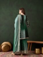 Elegant Blue Embroidered Flared Top Kurta Palazzo Set with Round Neck & Regular Sleeves