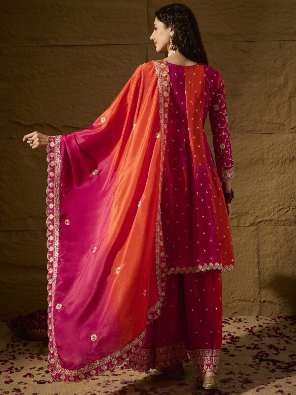 Elegant Blue Embroidered Flared Top Kurta Palazzo Set with Round Neck & Regular Sleeves