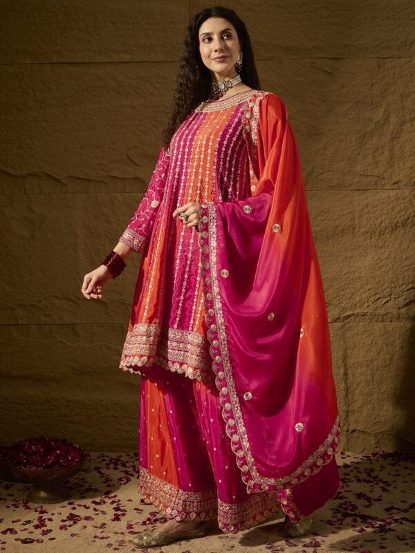 Elegant Blue Embroidered Flared Top Kurta Palazzo Set with Round Neck & Regular Sleeves