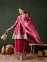 Elegant Blue Embroidered Flared Top Kurta Palazzo Set with Round Neck & Regular Sleeves