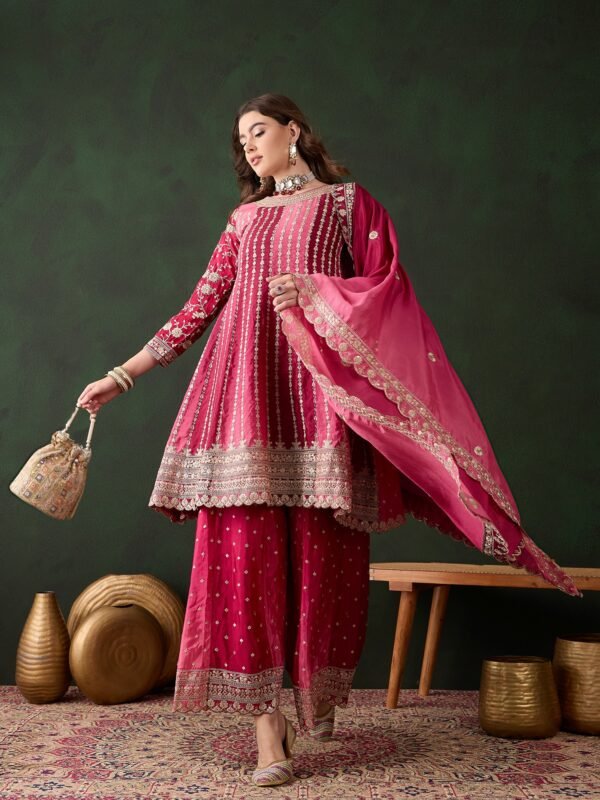 Elegant Blue Embroidered Flared Top Kurta Palazzo Set with Round Neck & Regular Sleeves