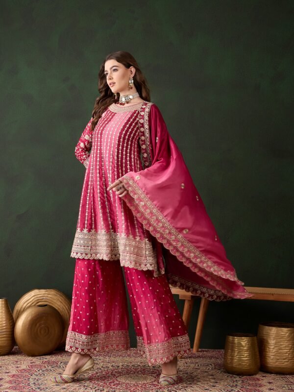 Elegant Blue Embroidered Flared Top Kurta Palazzo Set with Round Neck & Regular Sleeves