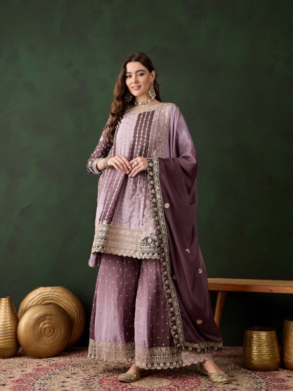 Elegant Blue Embroidered Flared Top Kurta Palazzo Set with Round Neck & Regular Sleeves