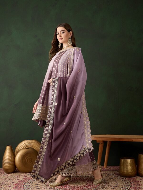 Elegant Blue Embroidered Flared Top Kurta Palazzo Set with Round Neck & Regular Sleeves