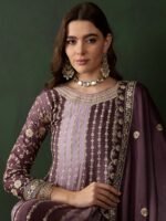 Elegant Blue Embroidered Flared Top Kurta Palazzo Set with Round Neck & Regular Sleeves