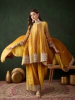 Elegant Blue Embroidered Flared Top Kurta Palazzo Set with Round Neck & Regular Sleeves