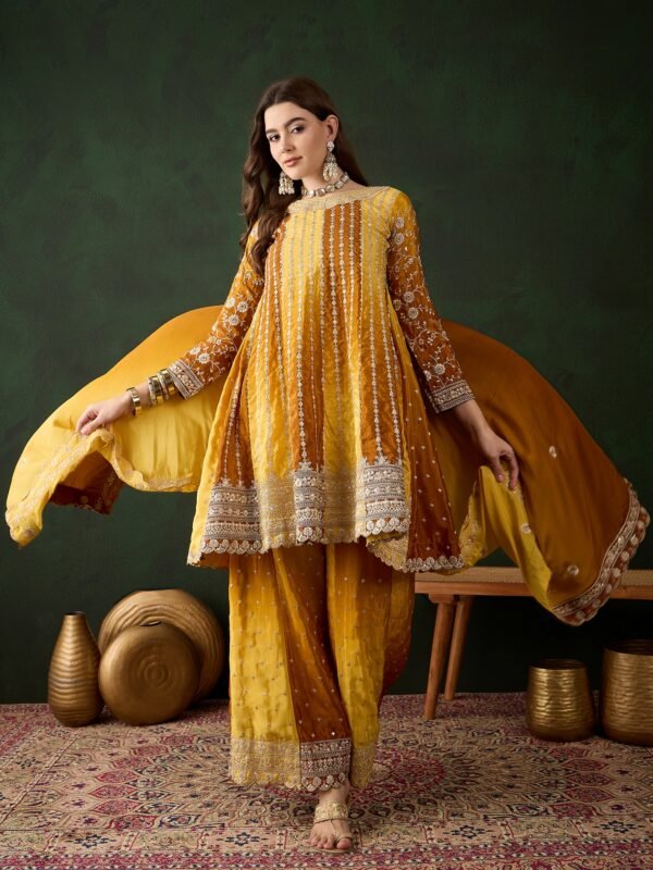 Elegant Blue Embroidered Flared Top Kurta Palazzo Set with Round Neck & Regular Sleeves