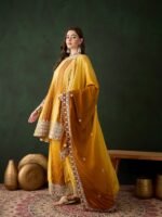 Elegant Blue Embroidered Flared Top Kurta Palazzo Set with Round Neck & Regular Sleeves