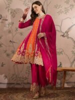 Pink Chinon Embroidered Flared Kurta Palazzo Set with Dupatta