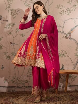 Pink Chinon Embroidered Flared Kurta Palazzo Set with Dupatta