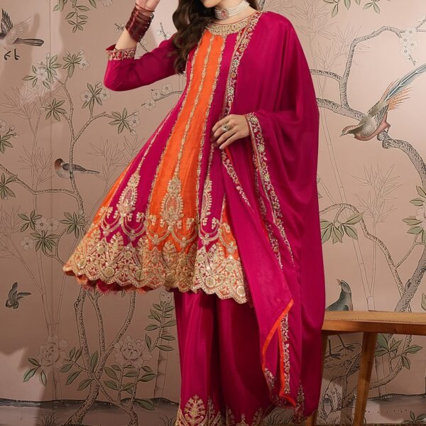 Pink Chinon Embroidered Flared Kurta Palazzo Set with Dupatta