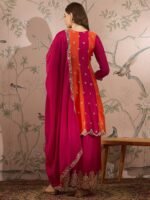 Pink Chinon Embroidered Flared Kurta Palazzo Set with Dupatta