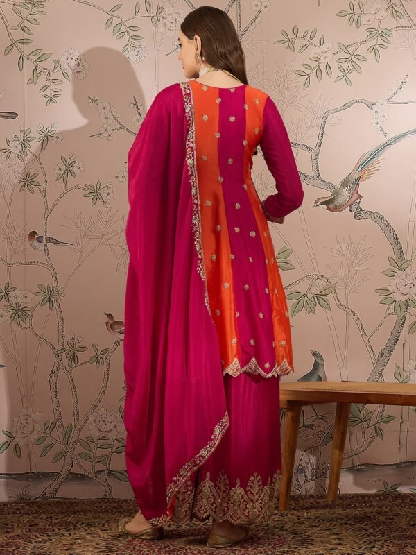 Pink Chinon Embroidered Flared Kurta Palazzo Set with Dupatta