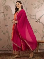 Pink Chinon Embroidered Flared Kurta Palazzo Set with Dupatta