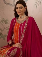 Pink Chinon Embroidered Flared Kurta Palazzo Set with Dupatta