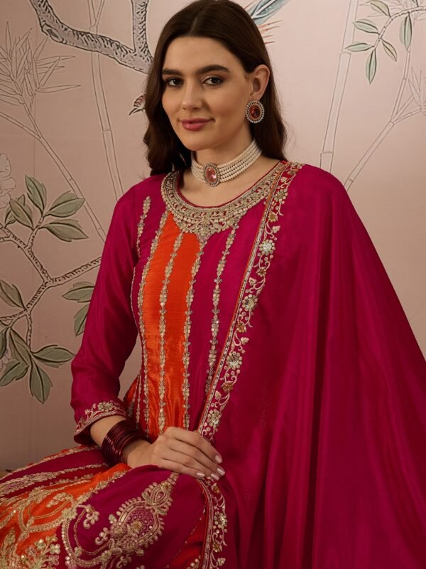 Pink Chinon Embroidered Flared Kurta Palazzo Set with Dupatta