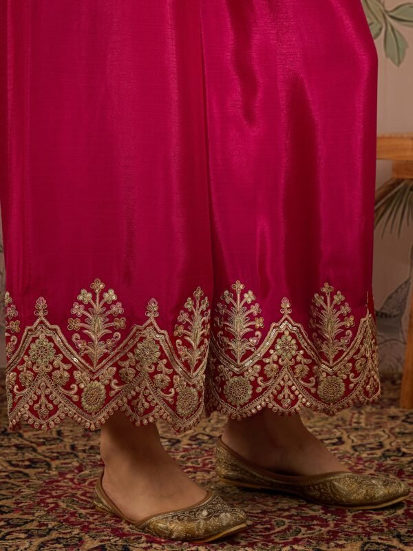Pink Chinon Embroidered Flared Kurta Palazzo Set with Dupatta
