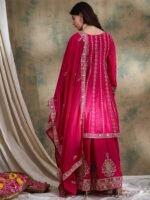 Pink Chinon Embroidered Kurta Palazzo Set with Round Neck Flared Top & Dupatta for Women