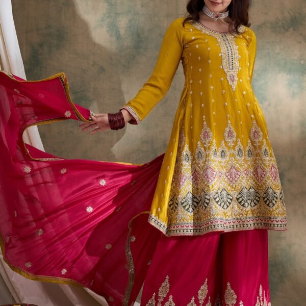 Striking Yellow Chinon Embroidered Flared Kurta & Pink Palazzo Set