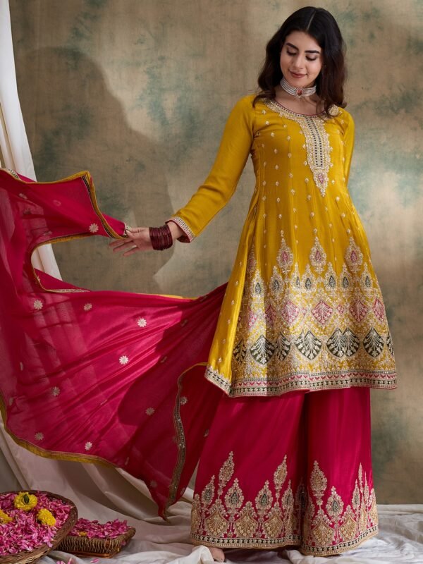 Striking Yellow Chinon Embroidered Flared Kurta & Pink Palazzo Set