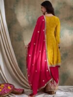 Striking Yellow Chinon Embroidered Flared Kurta & Pink Palazzo Set