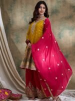 Striking Yellow Chinon Embroidered Flared Kurta & Pink Palazzo Set