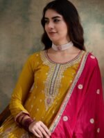 Striking Yellow Chinon Embroidered Flared Kurta & Pink Palazzo Set