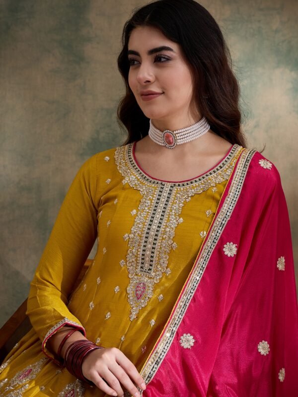 Striking Yellow Chinon Embroidered Flared Kurta & Pink Palazzo Set