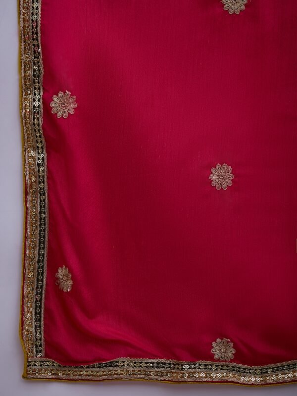 Striking Yellow Chinon Embroidered Flared Kurta & Pink Palazzo Set