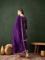Purple Embroidered Kurta Patiyala Set with Round Neck Flared Chinon Top & Dupatta for Women