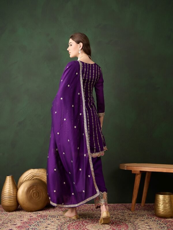 Purple Embroidered Kurta Patiyala Set with Round Neck Flared Chinon Top & Dupatta for Women