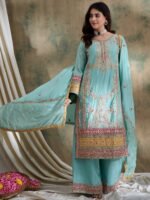 Stunning Yellow Chinon Embroidered Kurta Palazzo Set