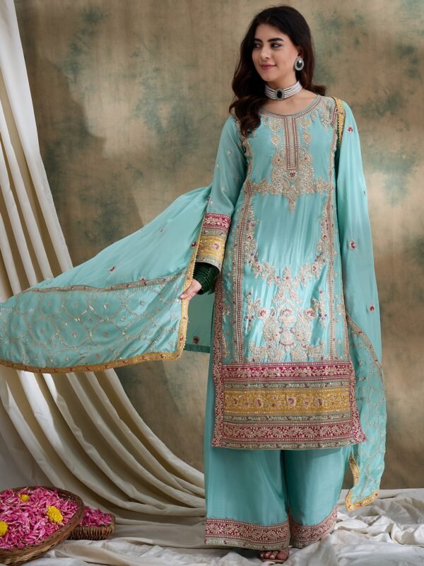 Stunning Yellow Chinon Embroidered Kurta Palazzo Set