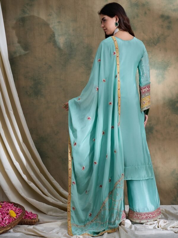 Stunning Yellow Chinon Embroidered Kurta Palazzo Set