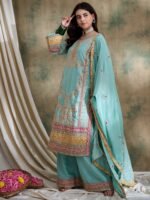 Stunning Yellow Chinon Embroidered Kurta Palazzo Set