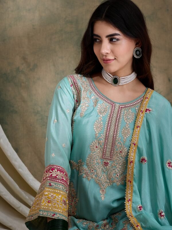 Stunning Yellow Chinon Embroidered Kurta Palazzo Set