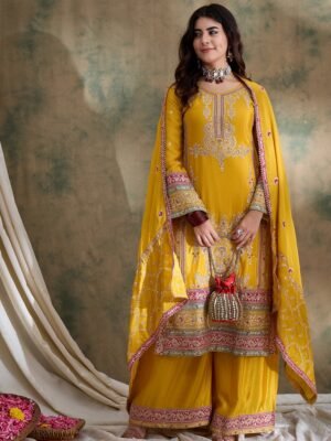 Stunning Yellow Chinon Embroidered Kurta Palazzo Set