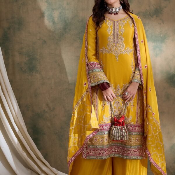 Stunning Yellow Chinon Embroidered Kurta Palazzo Set