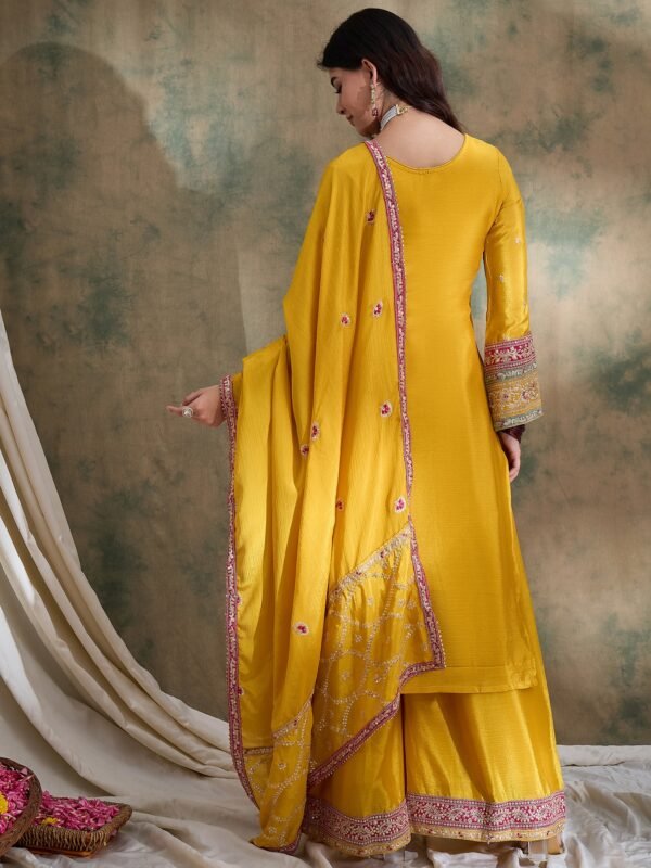 Stunning Yellow Chinon Embroidered Kurta Palazzo Set