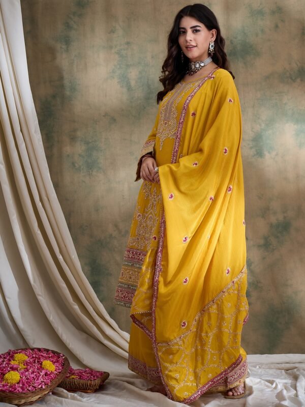 Stunning Yellow Chinon Embroidered Kurta Palazzo Set